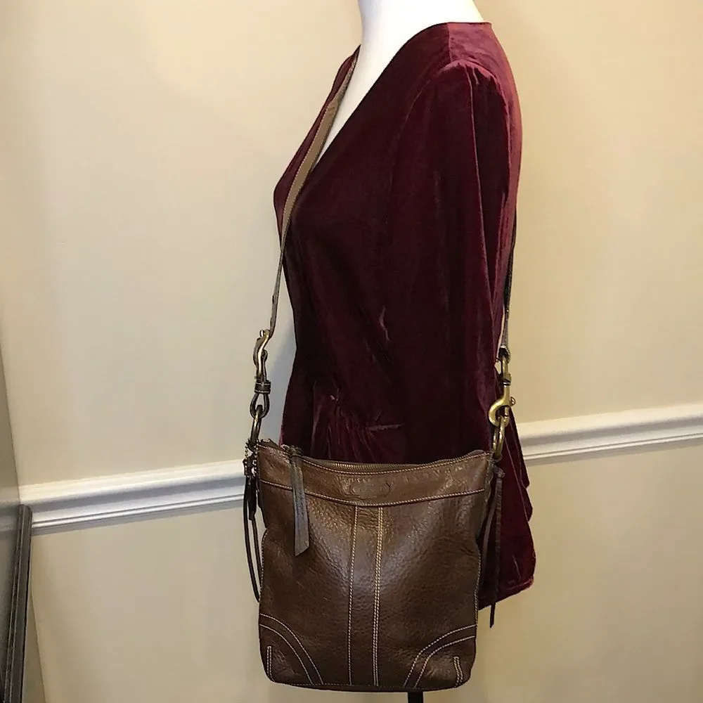 COACH Brown Tumbled Leather Contrast Stitching Crossbody Bag Ext Zipper Pocket